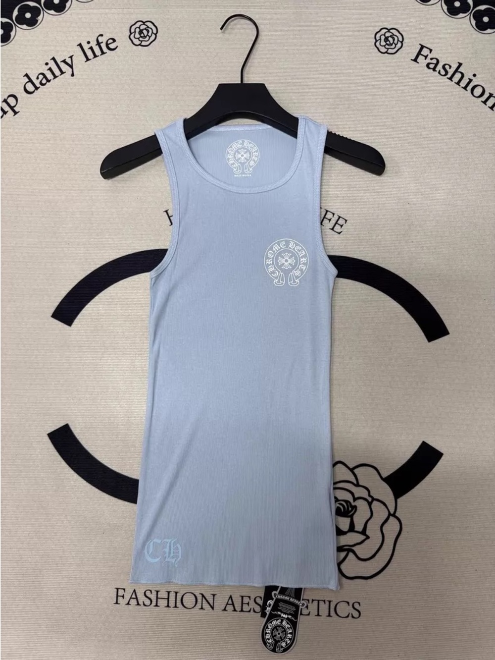 Chrome Hearts Light Blue Ribbed Tank Top with White Logo